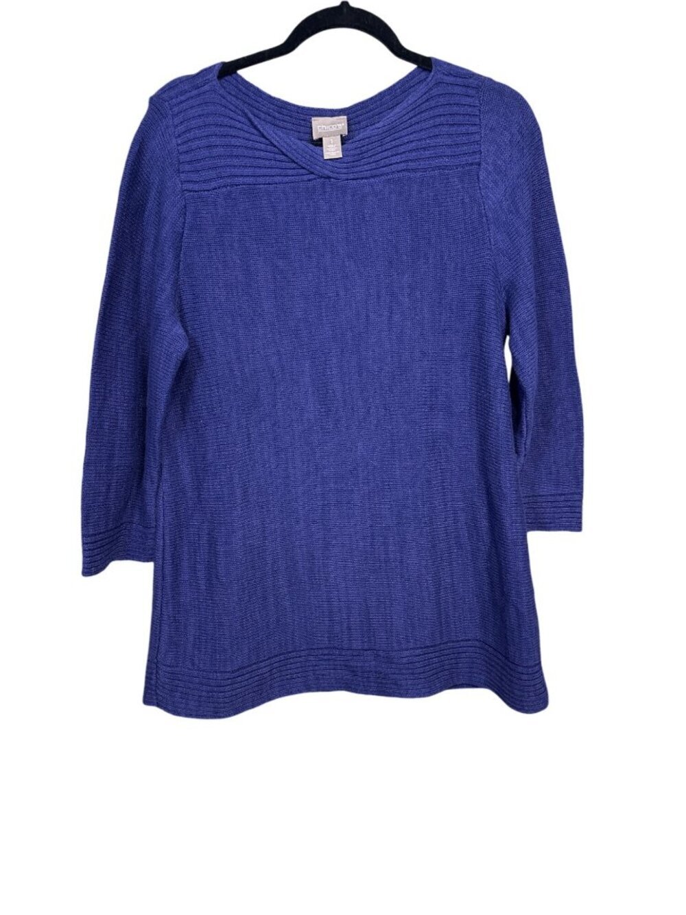 Chicos Womens Blue Knit Top Size 1 With 3/4 Sleeves And Ribbed Accents